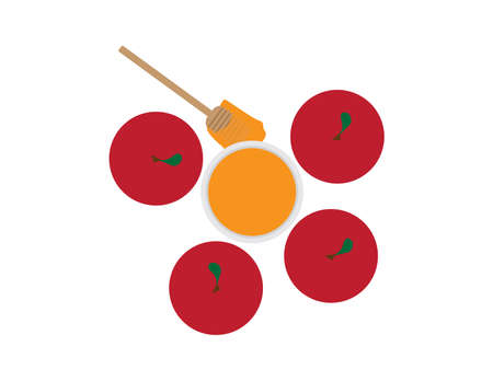 Top View of Honey, Dipper and Red Apples on White Backgroundのイラスト素材