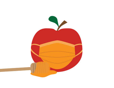 Red Apple with Orange Face Mask Cover and Dipper with Honey On White Backgroundのイラスト素材