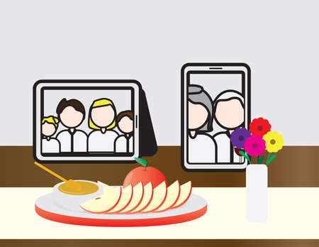 Jewish Holiday Rosh Hashanah Online Meal Table, Tablet and Smartphone with People On The Tableのイラスト素材