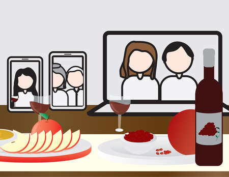 Jewish Holiday Rosh Hashanah Online Meal Table, Laptop, Tablet and Smartphone with People On The Tableのイラスト素材
