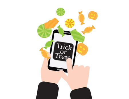 Online trick or treat, Hands holding smartphone, touching the trick or treat button and candies flyingのイラスト素材