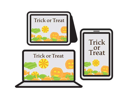 Online trick or treat set, smartphone, tablet and laptop with trick or treat text and candiesのイラスト素材