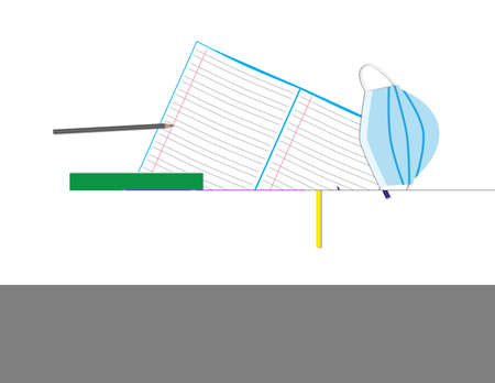 Notebook, pencil case, colored pencils and face mask on White backgroundのイラスト素材