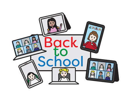 Back to online school set, Teacher and students on laptop, smartphone and tablet screen around a color back to school signのイラスト素材