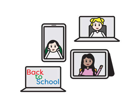 Set of online classroom, kids on laptop, smartphone and tablet screen and color back to school text on laptop screenのイラスト素材