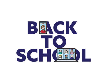 Online back to school vector banner with teacher and students on smartphone and laptop screensのイラスト素材