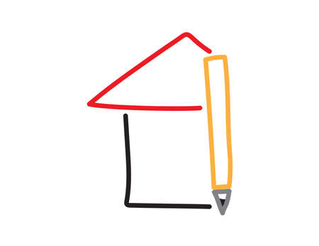 Homeschooling icon - Hand drawn house and pencil on White backgroundのイラスト素材