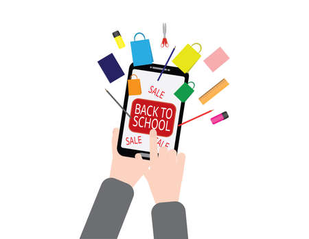 Back to school online sale sign, hand holding smartphone, pressing back to school button, school supplies and shopping bags flying from the smartphone screenのイラスト素材