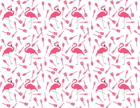 Flamingo chef and kitchen utensils seamless patternのイラスト素材