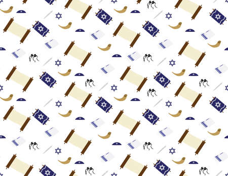 Jewish elements seamless background - Torah scroll, Torah hand, Tallit, Star of David, Tefillin, and Shofar on White Backgroundのイラスト素材