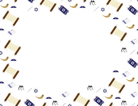 Jewish elements seamless border - Torah scroll, Torah hand, Tallit, Star of David, Tefillin, and Shofar on White Backgroundのイラスト素材