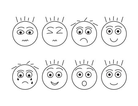 Set of boys heads with different emotions, Black outline illustrated facesのイラスト素材