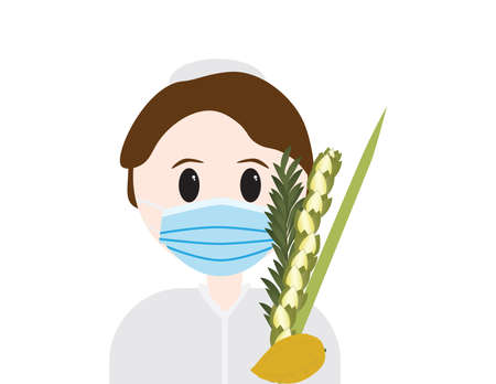 Jewish boy wearing Blue surgical face mask and holding Sukkot four species, on White backgroundのイラスト素材