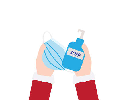 Santa Claus hand with Red White sleeves holding soap and Blue surgical mask on White backgroundのイラスト素材