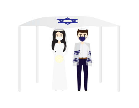 Young Jewish broom and bride wearing face masks under White Huppah with Blue Star of Davidのイラスト素材