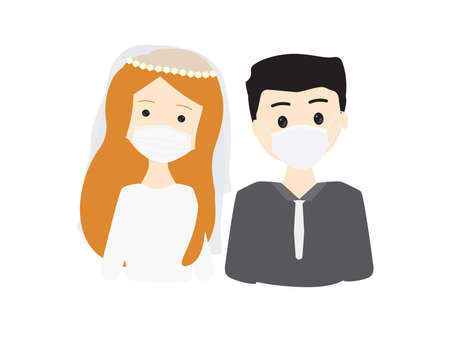 Young broom and bride wearing face masksのイラスト素材