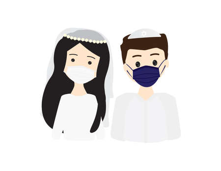 Young Jewish broom and bride wearing Blue White face masksのイラスト素材