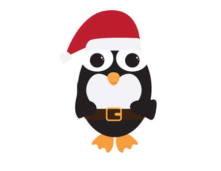 Cute Penguin wearing Red White Santa Christmas hat and Brown beltのイラスト素材