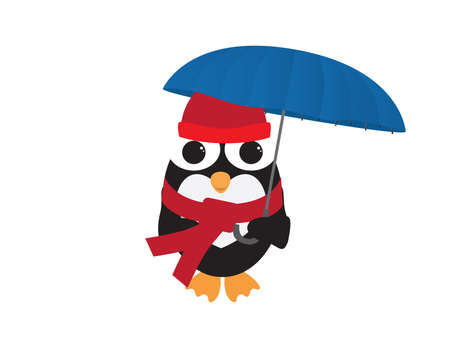 Cute Penguin wearing Red beanie hat and scarf, holding Blue umbrellaのイラスト素材