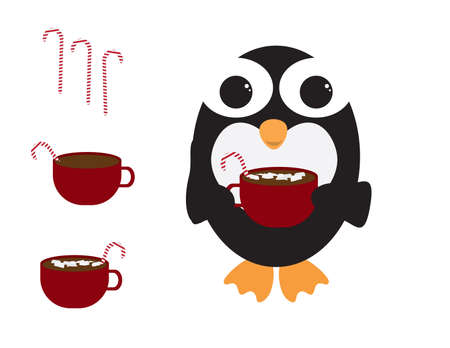 Cute Penguin holding Red mug with hot chocolate, marshmallows and Red White stripe candy cane, near Red mugs and Striped candy canesのイラスト素材