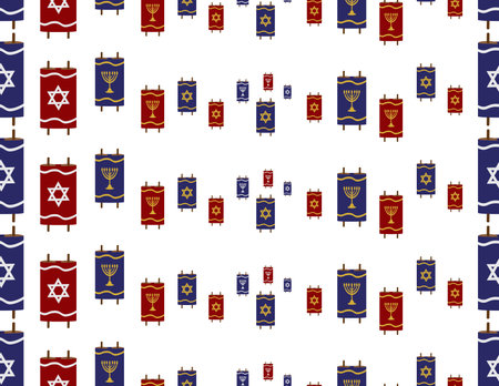 Blue Red Torah scroll with Gray star of David and Gold menorah seamless pattern on White backgroundのイラスト素材