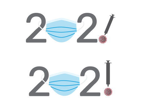 2021 new year signs with Blue surgical face mask, coronavirus and vaccine on White backgroundのイラスト素材