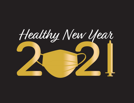 Gold Black healthy new year 2021 greeting with face mask and vaccineのイラスト素材