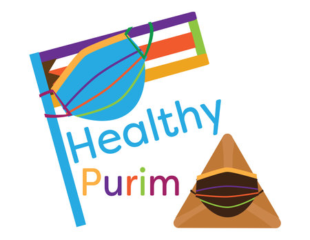 Colorful healthy Purim greeting with grogger wearing colorful face mask and hamantasch wearing chocolate face masksのイラスト素材