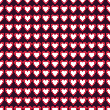 Red and White Hearts shapes rows seamless pattern on Dark Purple backgroundのイラスト素材