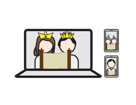 People reading the Megillah online, Online Purim party, characters on laptop and mobile phones with Megillat Esther (Translation - book of Esther)のイラスト素材
