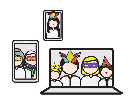 Online costumes party, Purim online party, Characters on laptop and mobile phones with costumesのイラスト素材
