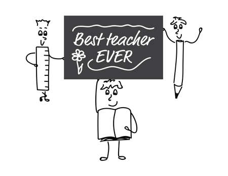 Cute doodle characters - ruler, book and pencil, holding black board with White text - Best teacher ever, and flowerのイラスト素材