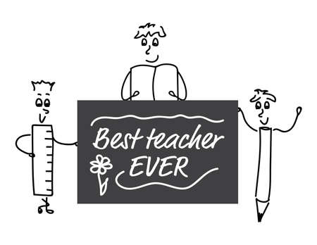 Cute doodle characters - ruler, book and pencil, holding black board with White text - Best teacher ever, and flowerのイラスト素材
