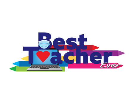 Best online teacher ever sign with Blue text, laptop, face mask, heart and crayonsのイラスト素材