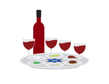 Passover plate, wine bottle and four wine glasses on White backgroundのイラスト素材
