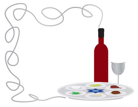 Passover plate, Elijah cup and wine bottle on White background with Gray frameのイラスト素材