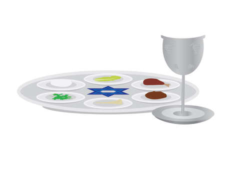 Passover plate and Elijah's cup on White backgroundのイラスト素材