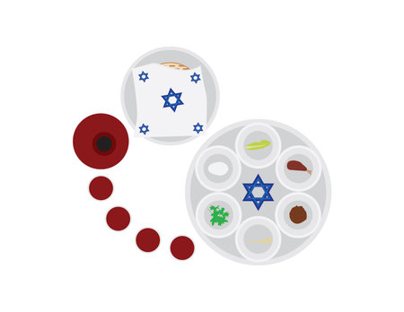 Top view on Passover plate, matzah plate with cover, wine bottle and four wine glass on White backgroundのイラスト素材
