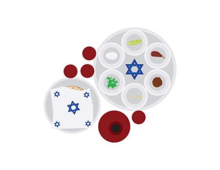 Top view on Passover plate, matzah plate with cover, wine bottle and four wine glass on White backgroundのイラスト素材