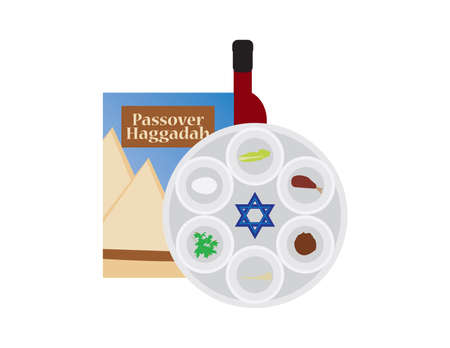 Passover plate, Wine bottle and Passover Haggadah on White backgroundのイラスト素材