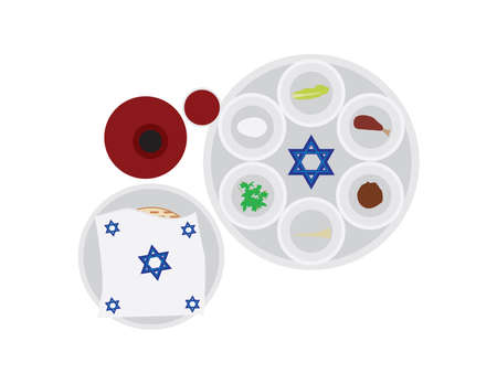 Top view on Passover plate, matzah plate with cover, wine bottle and wine glass on White backgroundのイラスト素材