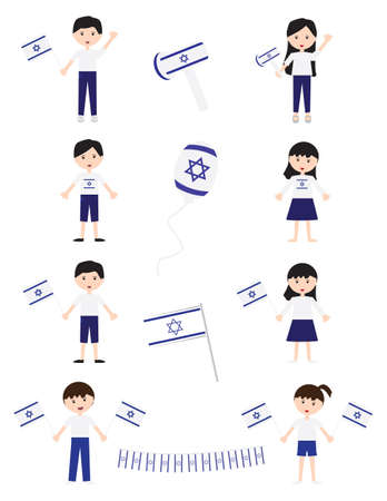 Set of Israeli kids characters with Blue White Israeli flags on White backgroundのイラスト素材