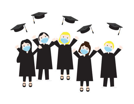 Vector illustration of students wearing face masks throwing their graduation hats in the airのイラスト素材