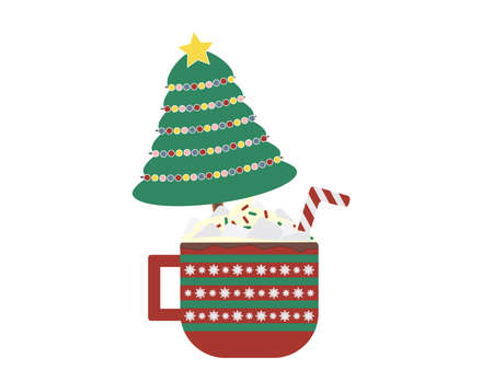 Vector illustration of decorated Christmas tree in a large Red Green mug with hot cocoa, whipped cream, marshmallow and striped candy cane on White backgroundのイラスト素材
