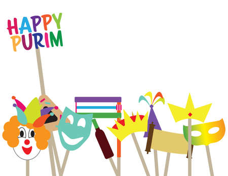 Happy Purim banner with Purim elements toppers on White backgroundのイラスト素材
