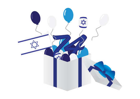 Blue White balloons, Israeli flag and the number 74 jumping out from White Blue gift boxのイラスト素材