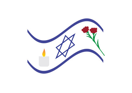 Israel Memoria lday design, Israel wavy flag, memorial candle and Red Green dam hamaccabim (blood of the Maccabees) flower on Black backgroundのイラスト素材