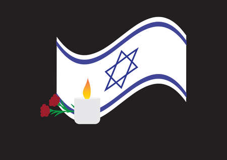 Israel Memoria lday design, Israel wavy flag, memorial candle and Red Green dam hamaccabim (blood of the Maccabees) flower on Black backgroundのイラスト素材