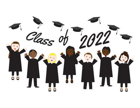 Students, academic caps and Class of 2022 Black text on White backgroundのイラスト素材