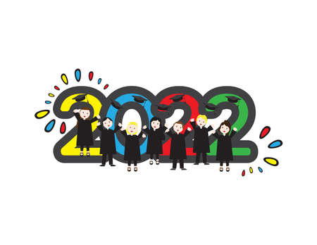 Class of 2022 banner, colorful numbers numbers behind students wearing academic caps on White backgroundのイラスト素材
